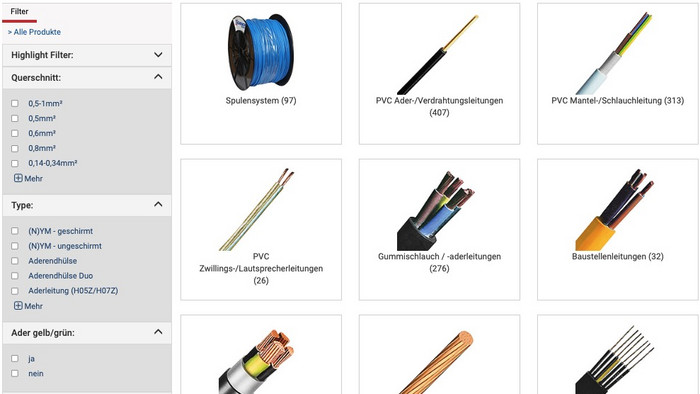 Filterfunktionen auf technische Parameter im SCHRACK Webshop